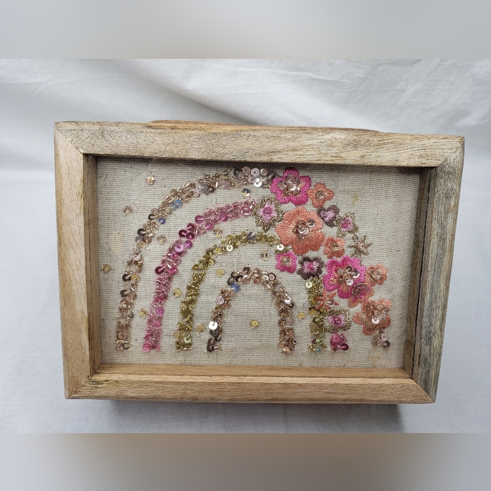 Boho Wood Jewelry Box Pink Orange Sequin Floral Embroidered Rainbow Glass Front